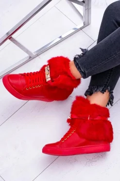 Lu Boo Czerwone Botki z Naturalnym Futrem Gisele