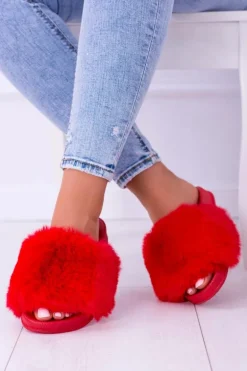 Lu Boo Czerwone Damskie Klapki Z Futerkiem FUR XXL