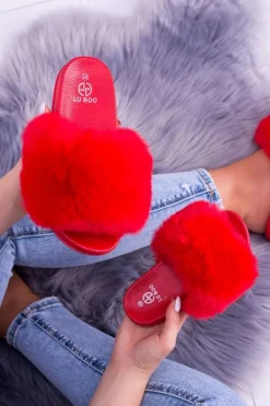 Lu Boo Czerwone Damskie Klapki Z Futerkiem FUR XXL