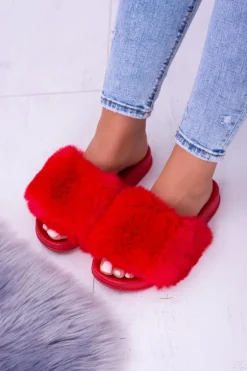 Lu Boo Czerwone Damskie Klapki Z Futerkiem FUR XXL
