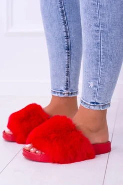 Lu Boo Czerwone Damskie Klapki Z Futerkiem FUR XXL
