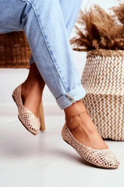 Lu Boo Damskie Baleriny Beżowe Ażurowe Plecione Carry