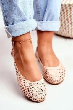 Lu Boo Damskie Baleriny Beżowe Ażurowe Plecione Carry