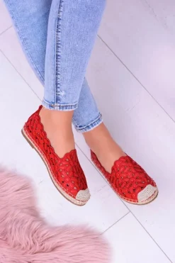 Lu Boo Damskie Baleriny Czerwone Espadryle w Kwiaty Macarena