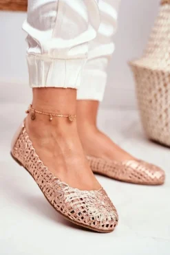 Lu Boo Damskie Baleriny Różowe Złoto Ażurowe Plecione Carry