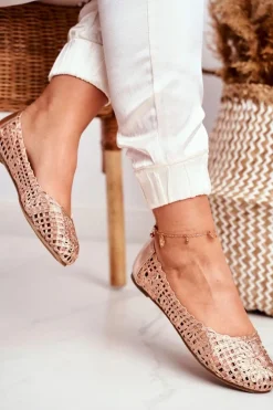 Lu Boo Damskie Baleriny Różowe Złoto Ażurowe Plecione Carry