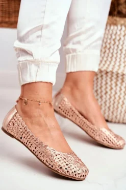 Lu Boo Damskie Baleriny Różowe Złoto Ażurowe Plecione Carry