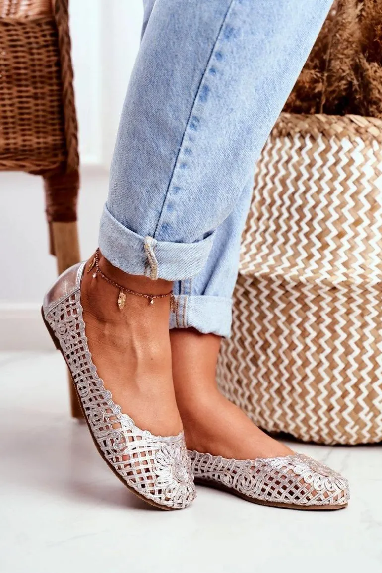 Lu Boo Damskie Baleriny Srebrne Ażurowe Plecione Carry