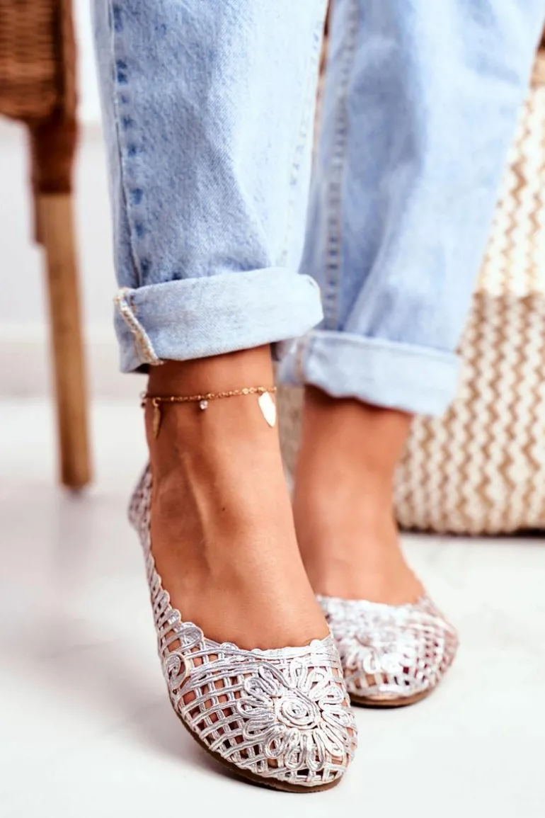Lu Boo Damskie Baleriny Srebrne Ażurowe Plecione Carry