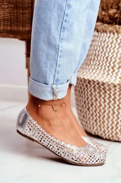 Lu Boo Damskie Baleriny Srebrne Ażurowe Plecione Carry