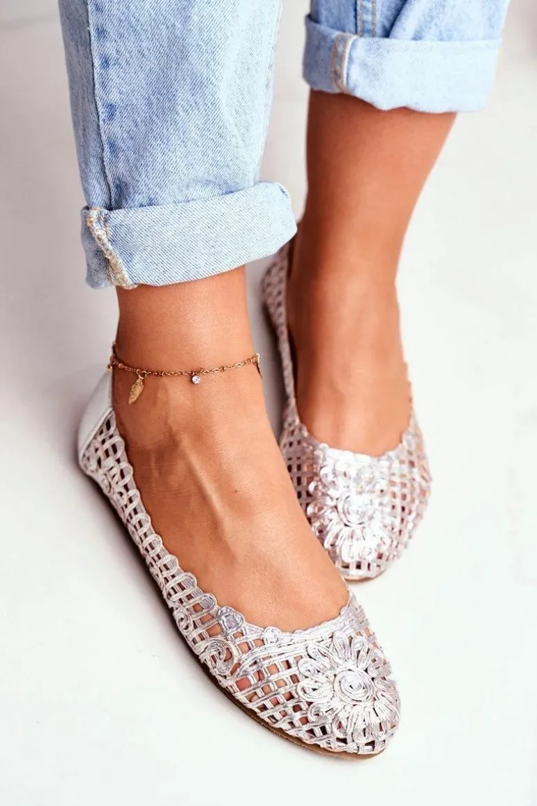 Lu Boo Damskie Baleriny Srebrne Ażurowe Plecione Carry