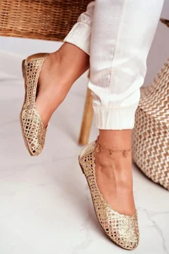 Lu Boo Damskie Baleriny Złote Ażurowe Plecione Carry