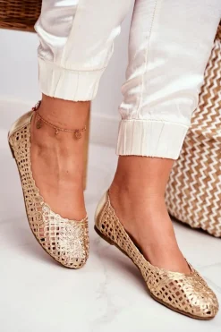 Lu Boo Damskie Baleriny Złote Ażurowe Plecione Carry