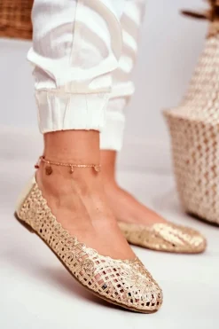 Lu Boo Damskie Baleriny Złote Ażurowe Plecione Carry