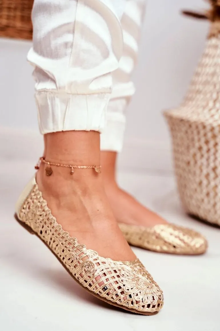 Lu Boo Damskie Baleriny Złote Ażurowe Plecione Carry