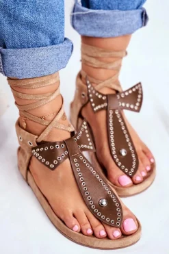 Lu Boo Damskie Brązowe Wiązane Sandały Japonki Mara