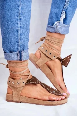 Lu Boo Damskie Brązowe Wiązane Sandały Japonki Mara