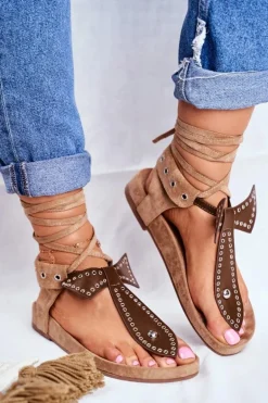 Lu Boo Damskie Brązowe Wiązane Sandały Japonki Mara