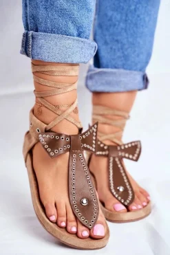 Lu Boo Damskie Brązowe Wiązane Sandały Japonki Mara