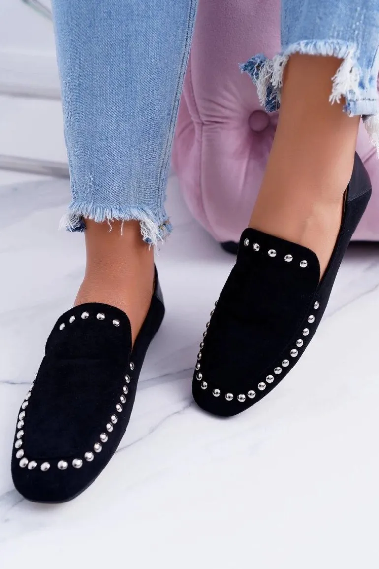 Lu Boo Damskie Czarne Lordsy Baleriny z Dżetami Planta