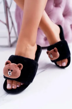 Lu Boo Damskie Czarne Pluszowe Klapki Z Misiem Teddy
