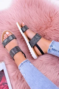 Lu Boo Damskie Czarne Sandały Z Cyrkoniami Perfect