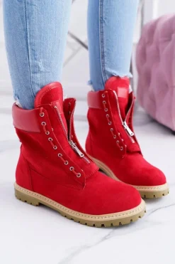 Lu Boo Damskie Czerwone Zamszowe Timberki Trapery Suwaki Nancy