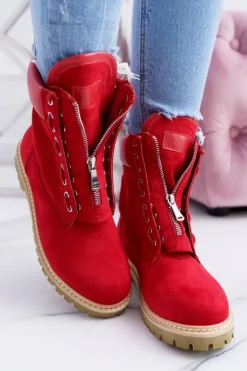 Lu Boo Damskie Czerwone Zamszowe Timberki Trapery Suwaki Nancy