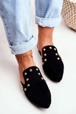 Lu Boo Damskie Klapki Czarne Zamszowe Seniorita