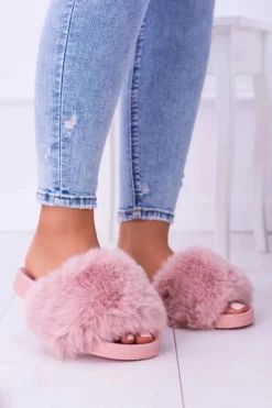 Lu Boo Damskie Klapki Z Futerkiem Różowe Fur XXL