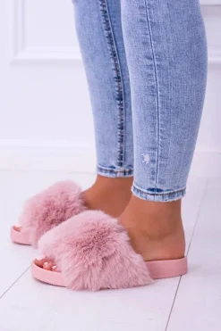 Lu Boo Damskie Klapki Z Futerkiem Różowe Fur XXL