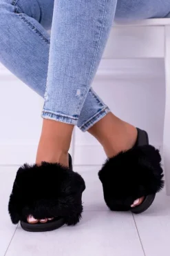 Lu Boo Damskie Klapki Z Futerkiem Czarne Fur XXL