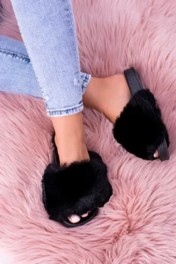 Lu Boo Damskie Klapki Z Futerkiem Czarne Fur XXL