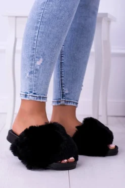 Lu Boo Damskie Klapki Z Futerkiem Czarne Fur XXL