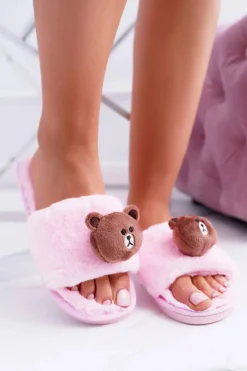 Lu Boo Damskie Pluszowe Klapki Z Misiem Teddy Różowe