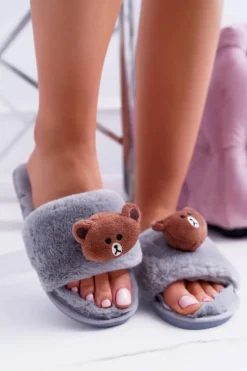 Lu Boo Damskie Szare Pluszowe Klapki Z Misiem Teddy