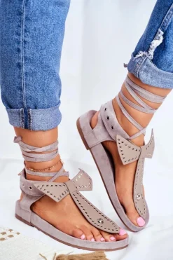 Lu Boo Damskie Szare Wiązane Sandały Japonki Mara