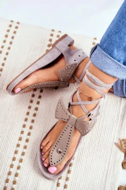 Lu Boo Damskie Szare Wiązane Sandały Japonki Mara