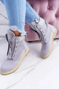 Lu Boo Damskie Szare Zamszowe Timberki Trapery Suwaki Nancy