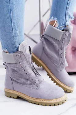 Lu Boo Damskie Szare Zamszowe Timberki Trapery Suwaki Nancy