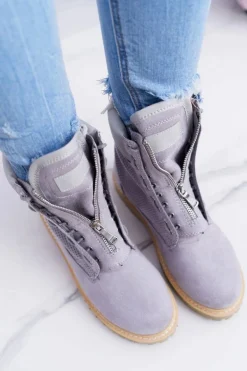 Lu Boo Damskie Szare Zamszowe Timberki Trapery Suwaki Nancy