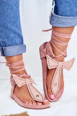 Lu Boo Damskie Wiązane Sandały Japonki Pudrowy Róż Mara