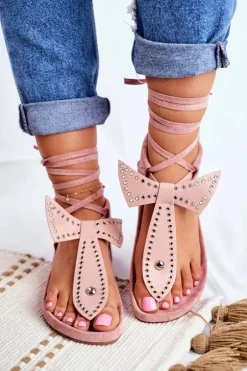 Lu Boo Damskie Wiązane Sandały Japonki Pudrowy Róż Mara