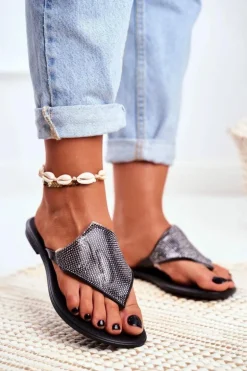 Lu Boo Gumowe Damskie Klapki Czarne Japonki Z Cekinami Anika