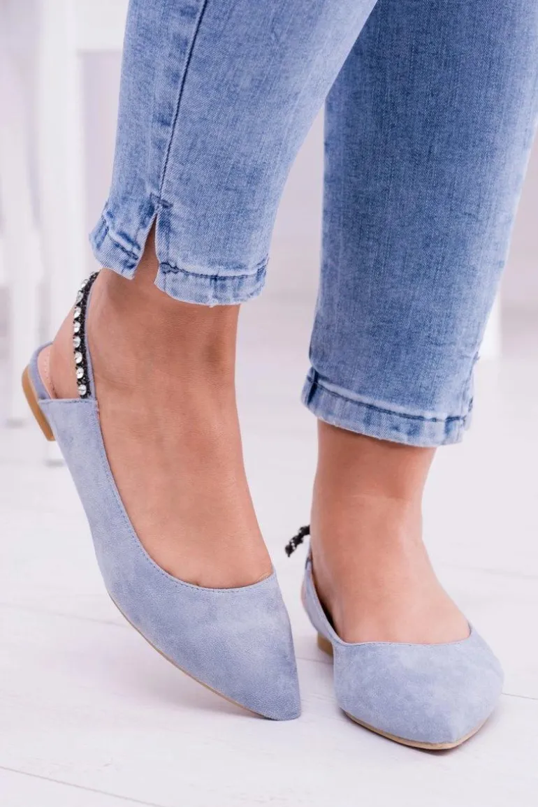 Lu Boo Niebieskie Zamszowe Balerinki w Szpic Cyrkonie Macron