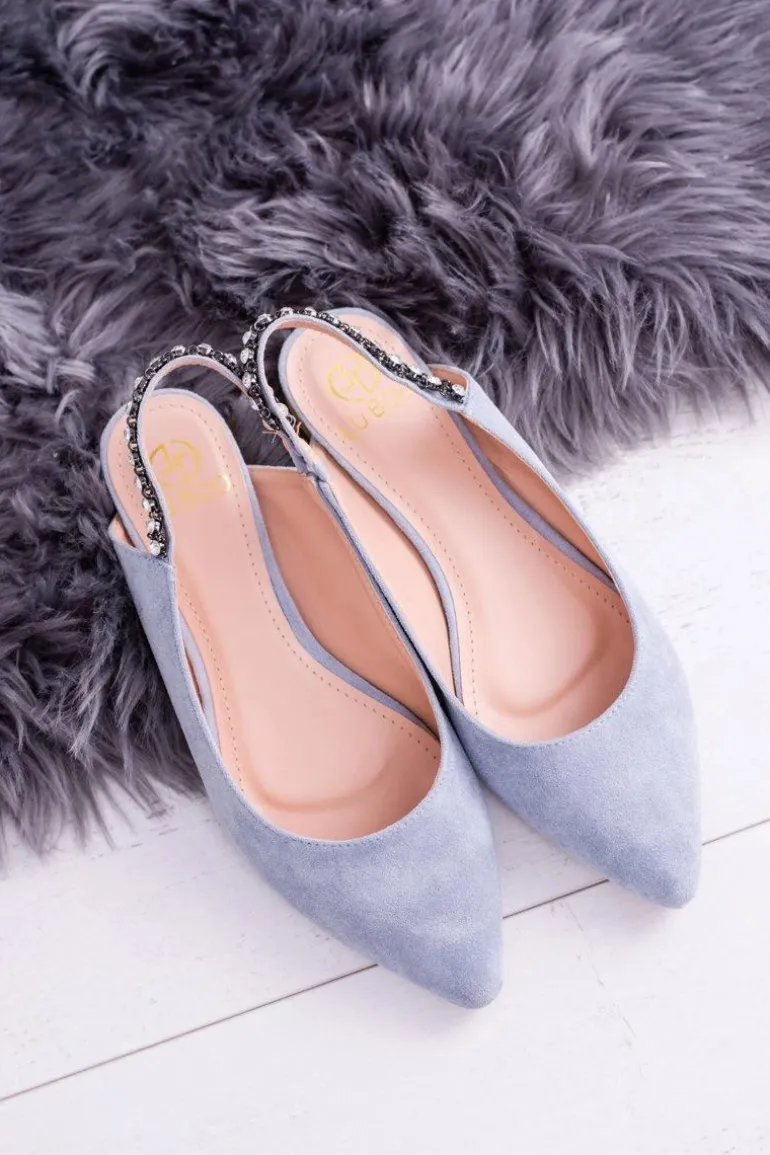 Lu Boo Niebieskie Zamszowe Balerinki w Szpic Cyrkonie Macron