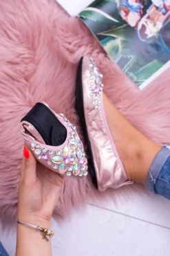 Lu Boo Różowe Balerinki na Gumce Kamienie Even