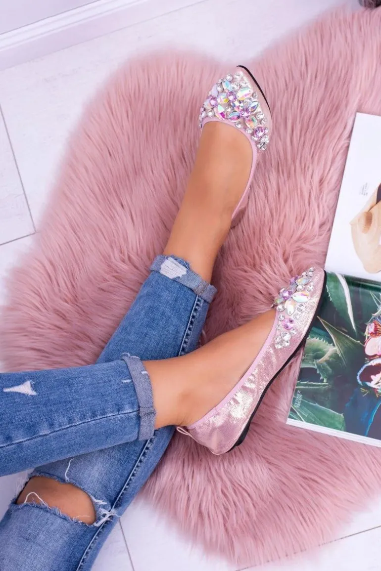 Lu Boo Różowe Balerinki na Gumce Kamienie Even