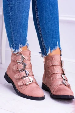 Lu Boo Różowe Botki Virginia Rock Star Nity Klamry Zamsz