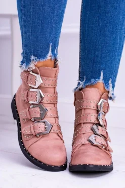 Lu Boo Różowe Botki Virginia Rock Star Nity Klamry Zamsz